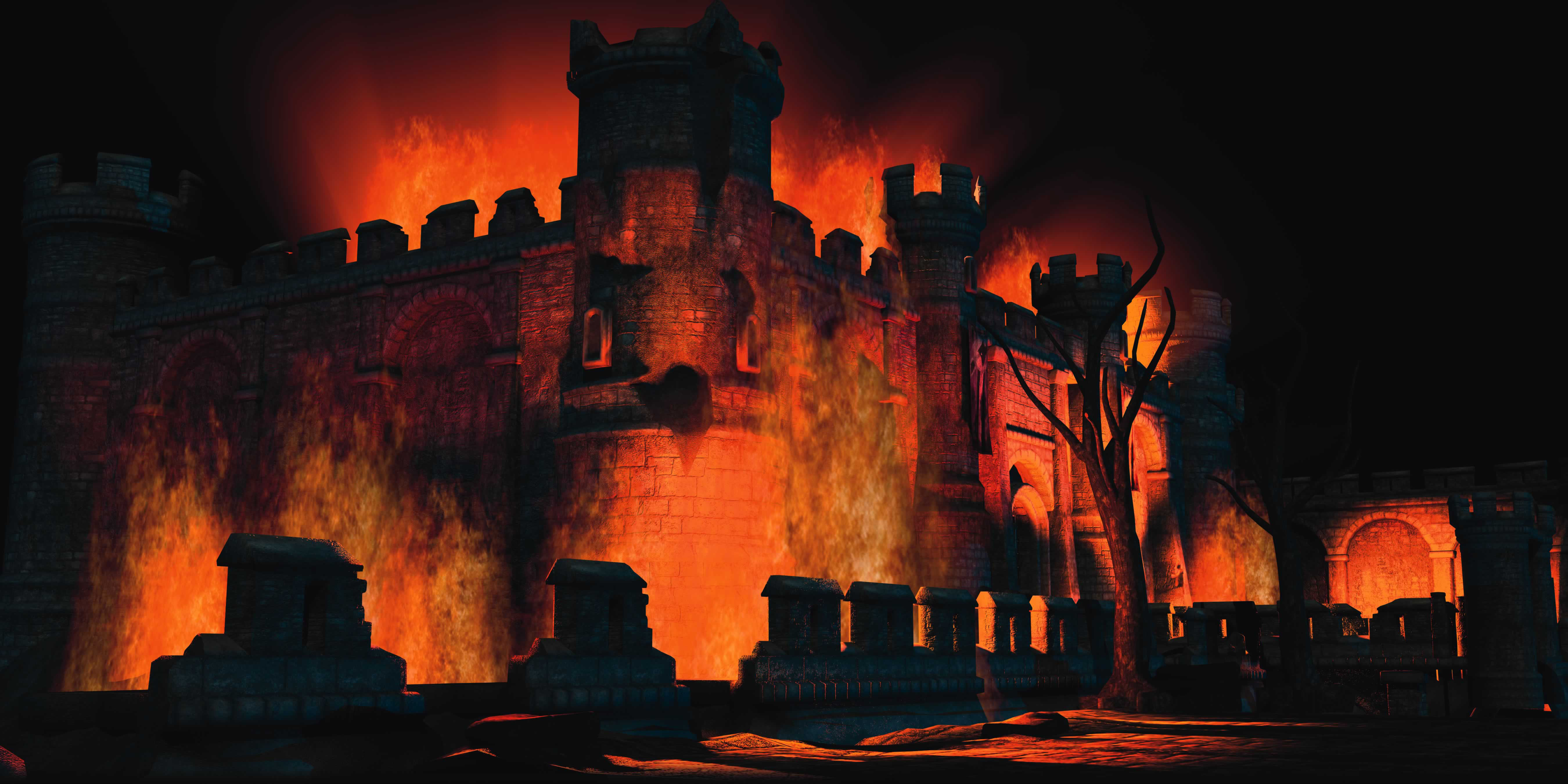 Королевство руина. Горящий замок. Замок в огне. Замок горит. Крепость в огне.