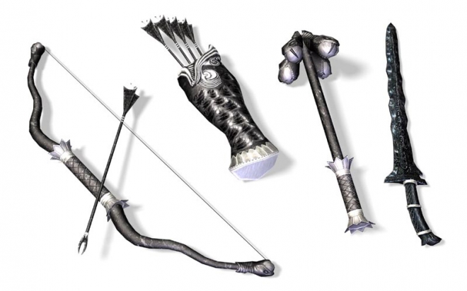 Оружие мазкен: лук со стрелами, булава и длинный меч.