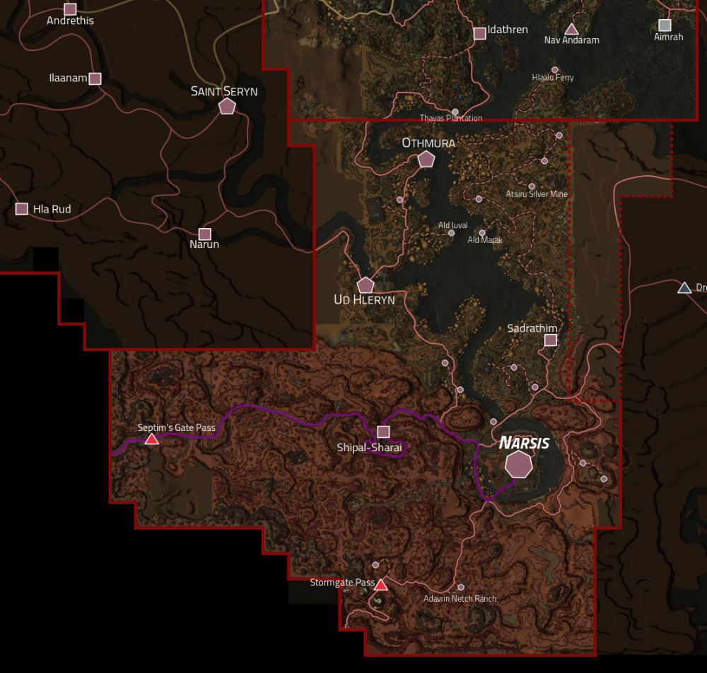 Запланированные границы расширения Нарсис наложенные на карту существующего мира игры. Пунктиром обозначен западный участок Дешаанских Равнин. Их включат в релиз в том случае, если мы успеем сделать необходимые для Дома Дрес ассеты.